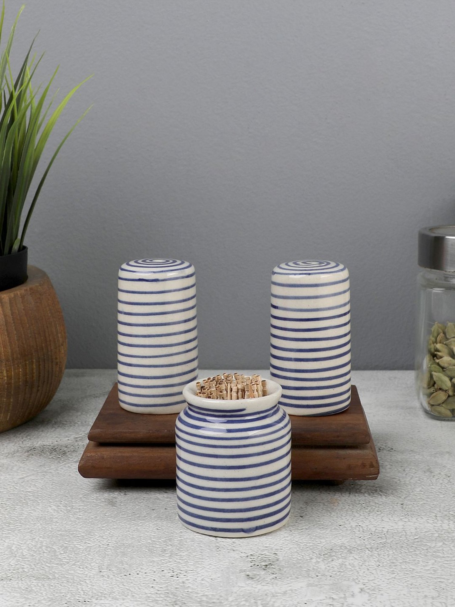 VarEesha Blue Ceramic Salt & Pepper Shaker with Toothpick Holder - Set of 3
