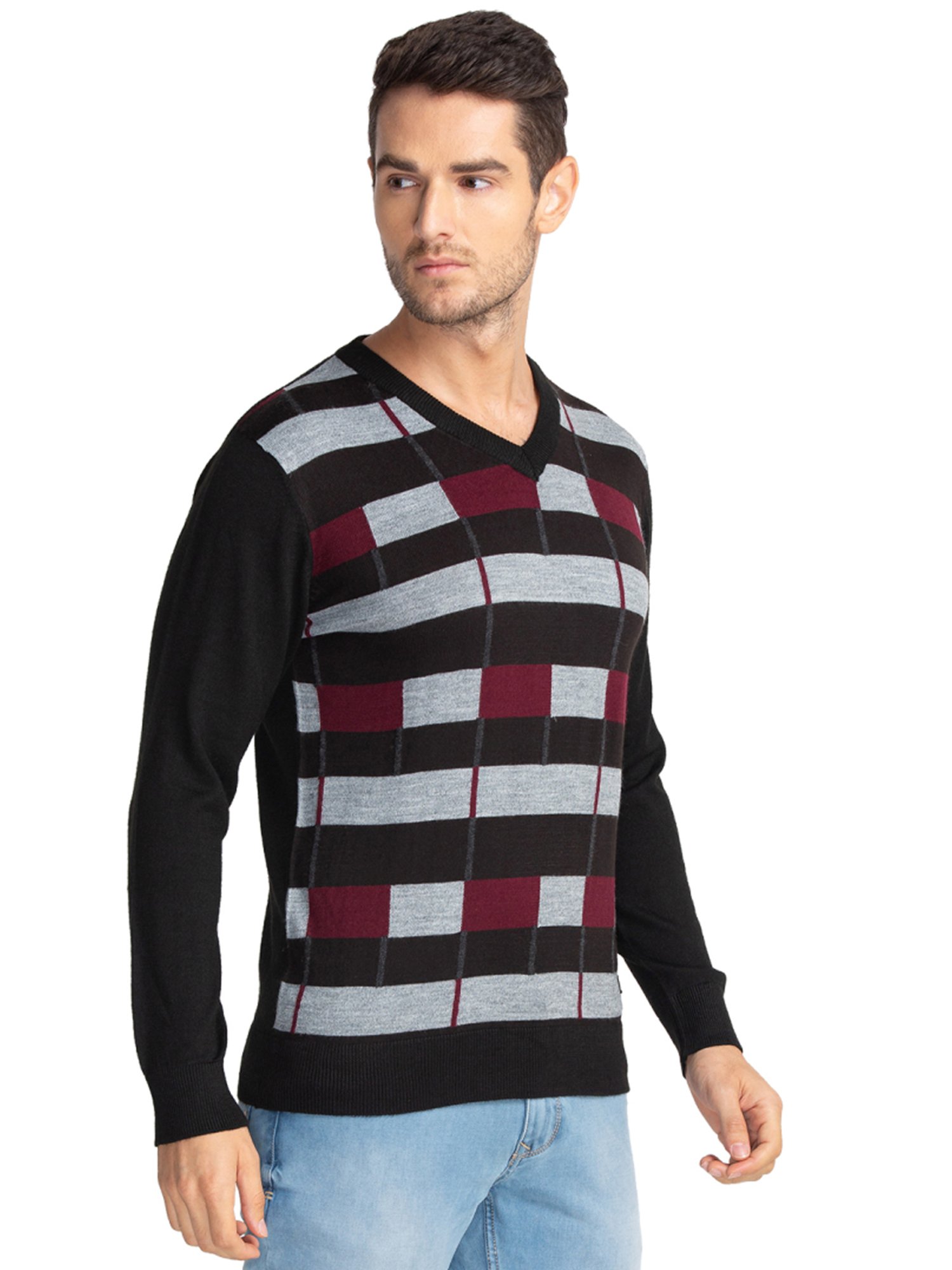 Parx Black Regular Fit Striped Sweaters
