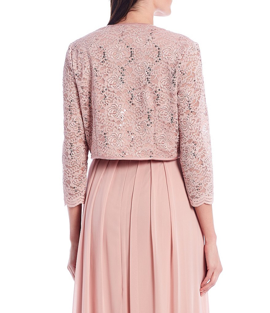 Jessica Howard Lace Jacket and Embellished Waist Ruffled Chiffon 2-Piece Gown