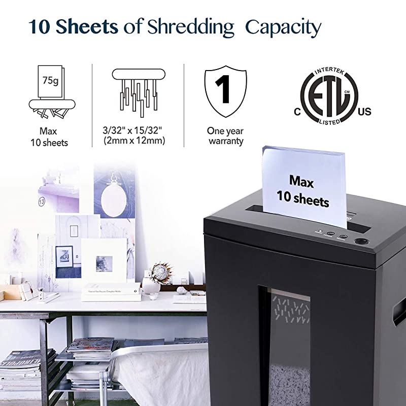 10Sheet Super Micro Cut High Security Level P5 Heavy Duty PaperCDCard Ultra Quiet Shredder for Home Office by 40 Mins Running Time and 6 Gallons Pullout Waste Bin SD9112 Black ETL
