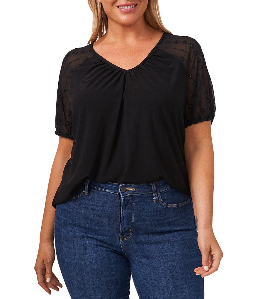 CeCe Plus Size Puff Sleeve V-Neck Short Sleeve Knit Top