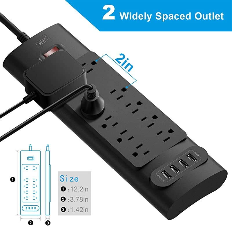 Power Strip,  Surge Protector with 10 AC Outlets and 4 USB Charging Ports,1875W/15A, 2100 Joules, 6 Feet Long Extension Cord for Smartphone Tablets Home,Office, Hotel, ETL Listed- Black