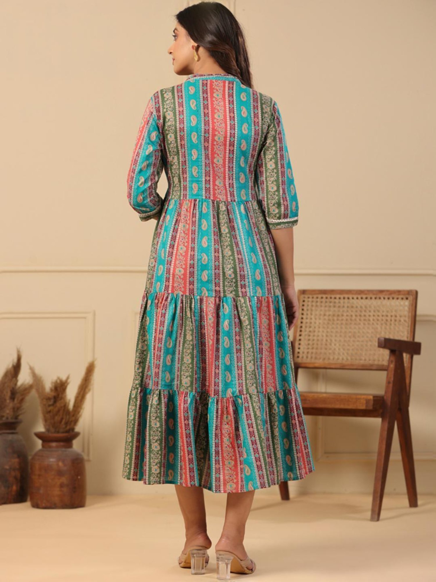 Fashor Blue & Pink Cotton Printed A-Line Dress