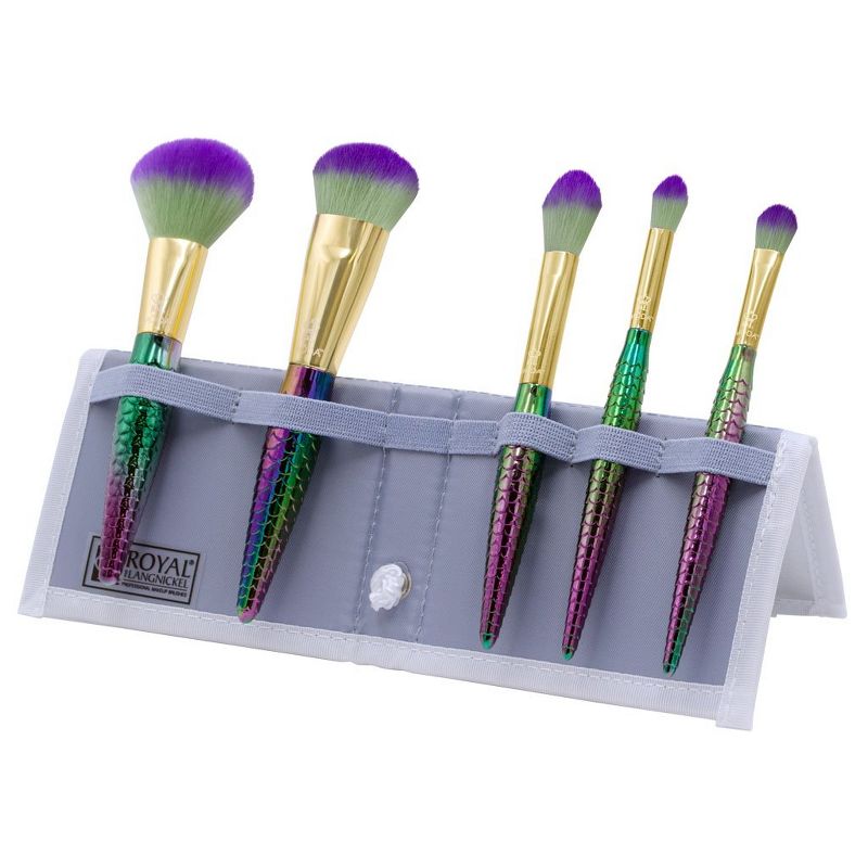 MODA Brush Mythical 6pc Sweet Siren Travel Makeup Brush Set with Holographic Flip Case, Includes - Powder, Highlight and Glow, Crease, and Eye Shader Brushes