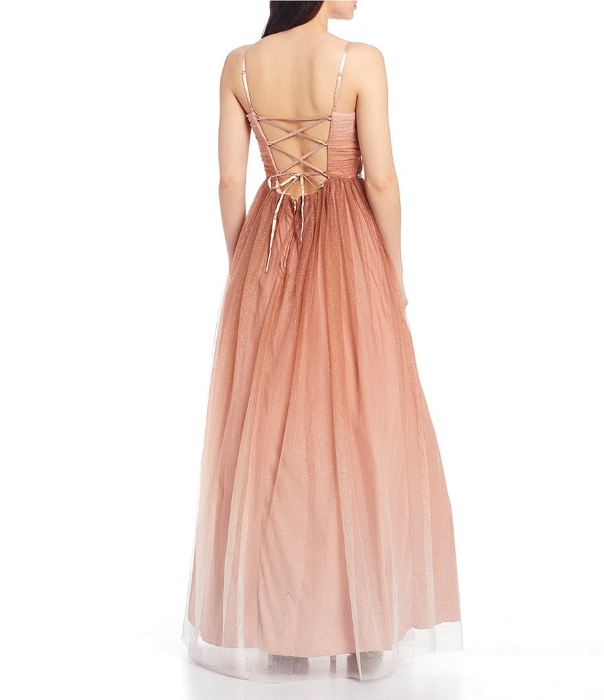 Teeze Me Spaghetti Strap Notch Square-Neck Lace-Up Back Ombre Beaded Waist Mesh Ball Gown