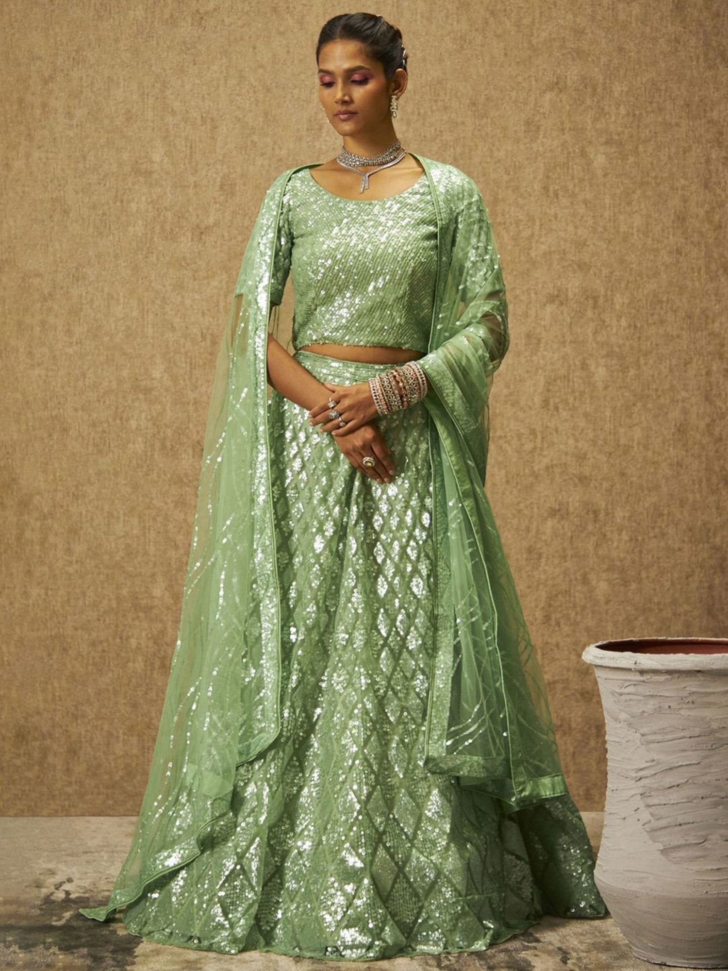 Soch Sap Green Embellished Unstitched Lehenga Choli Set With Dupatta