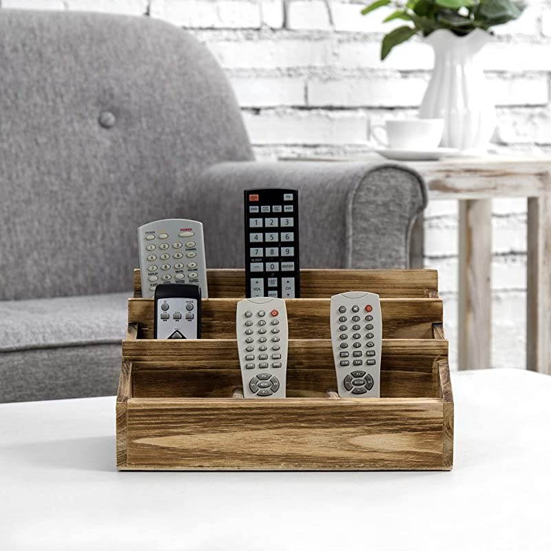 9Compartment Rustic Brown Burnt Solid Wood Remote Control Holder Caddy Organizer