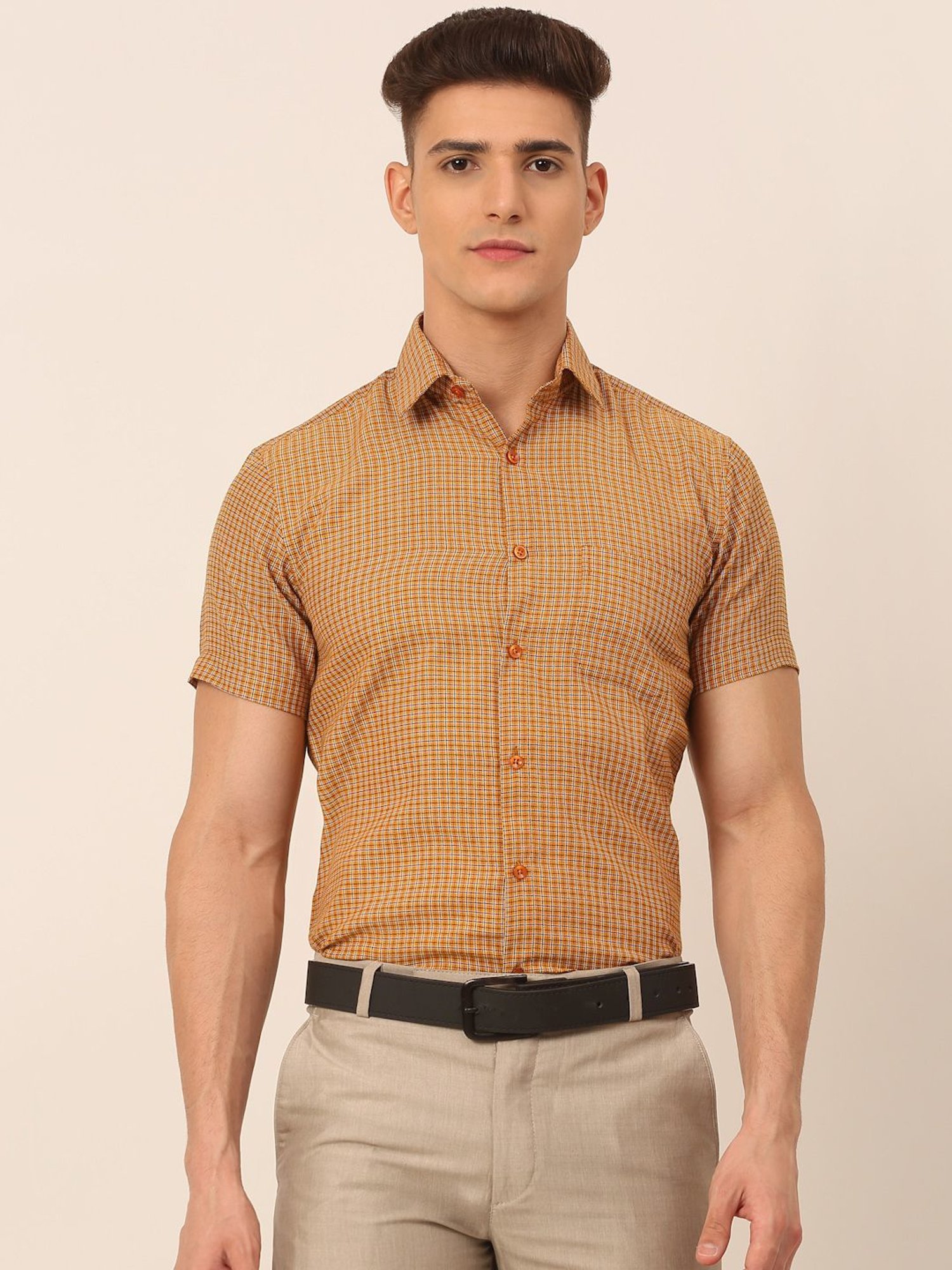 Jainish Mustard Cotton Regular Fit Checks Shirt