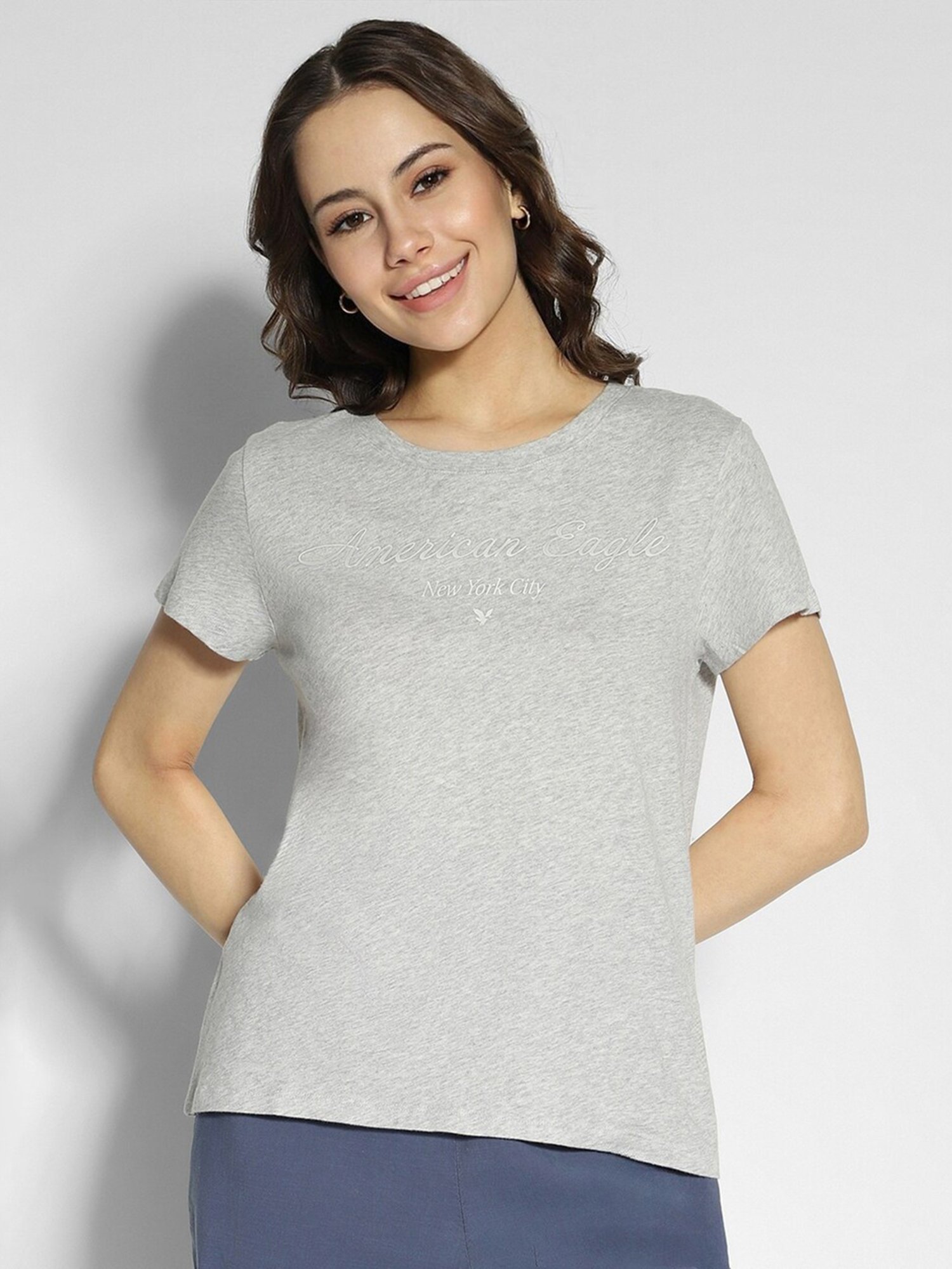 American Eagle Outfitters Grey Cotton Graphic Print T-Shirt