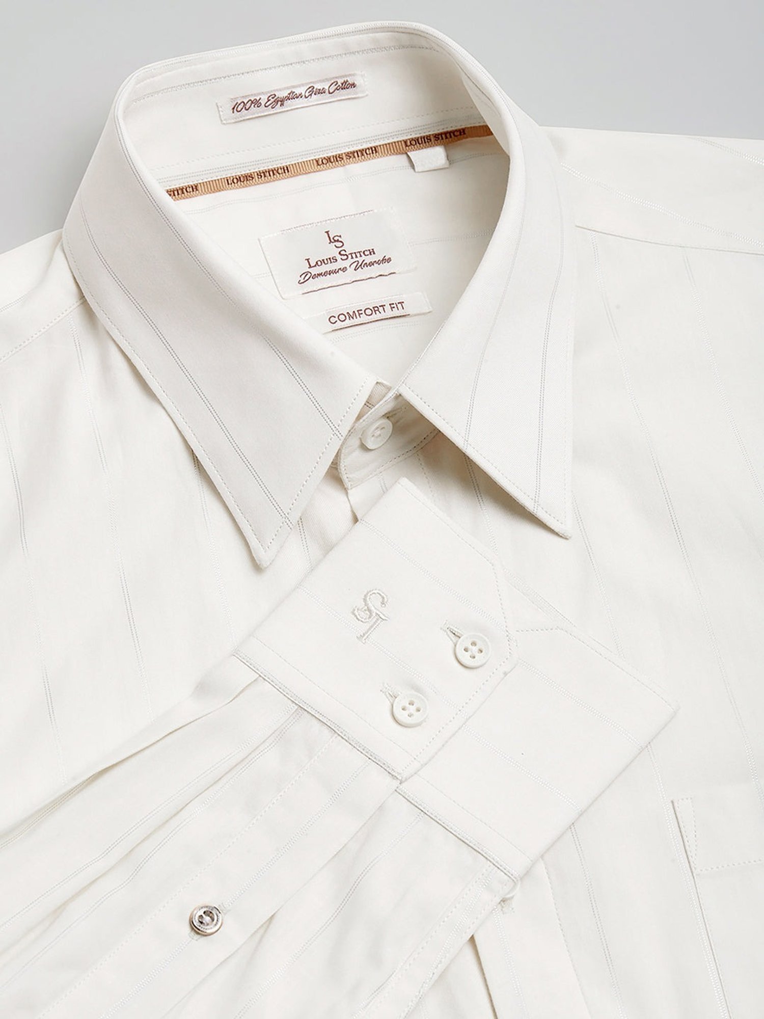 Louis Stitch Cream Cotton Regular Fit Striped Shirt