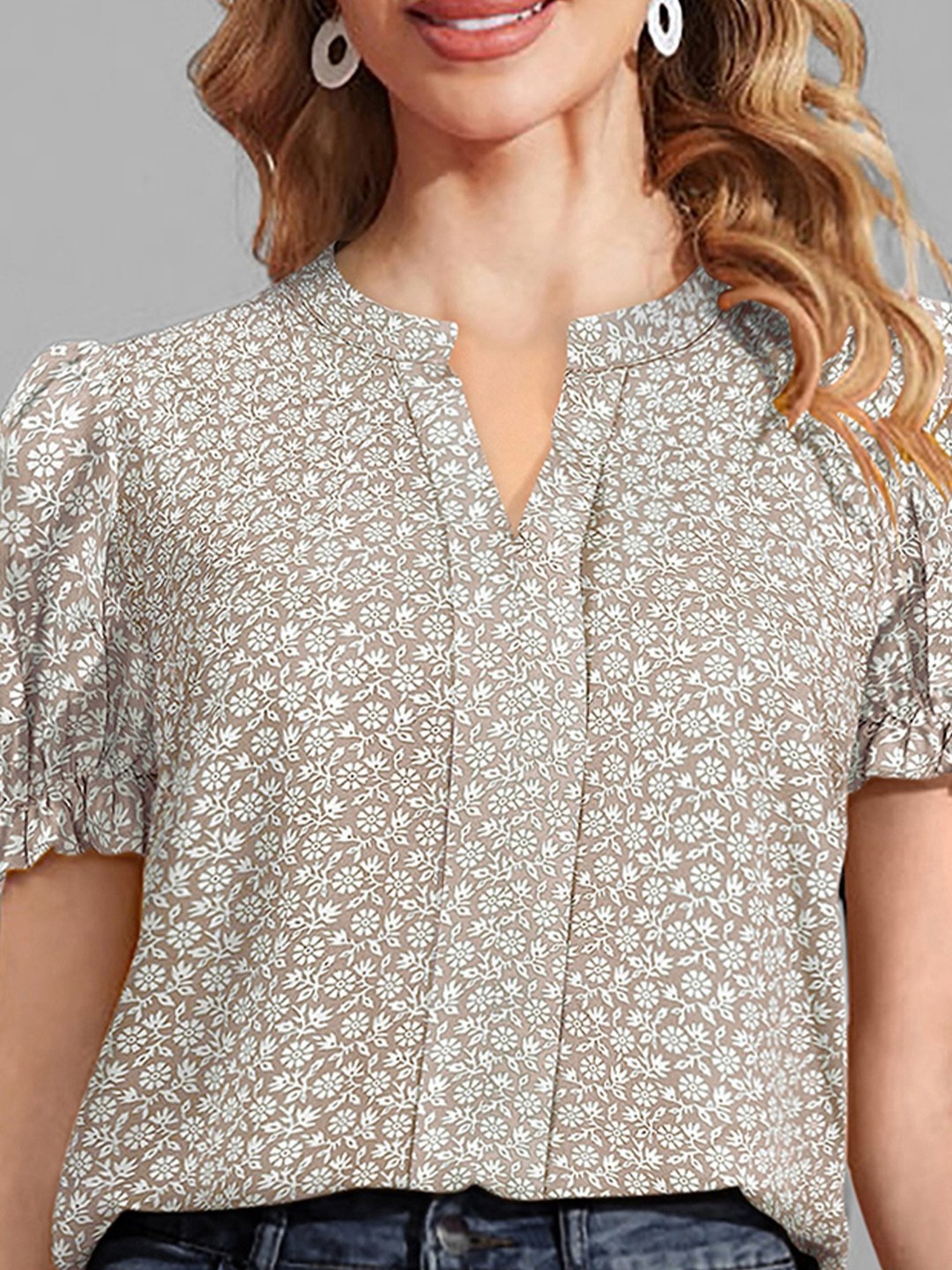KERI PERRY Beige Floral Print Top