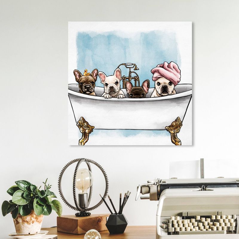 12" x 12" Frenchies In The Tub Animals Unframed Canvas Wall Art in White - Oliver Gal