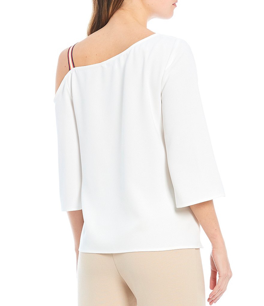 Trina Turk Superior Asymmetrical Neckline Open-Shoulder 3/4 Sleeve Top