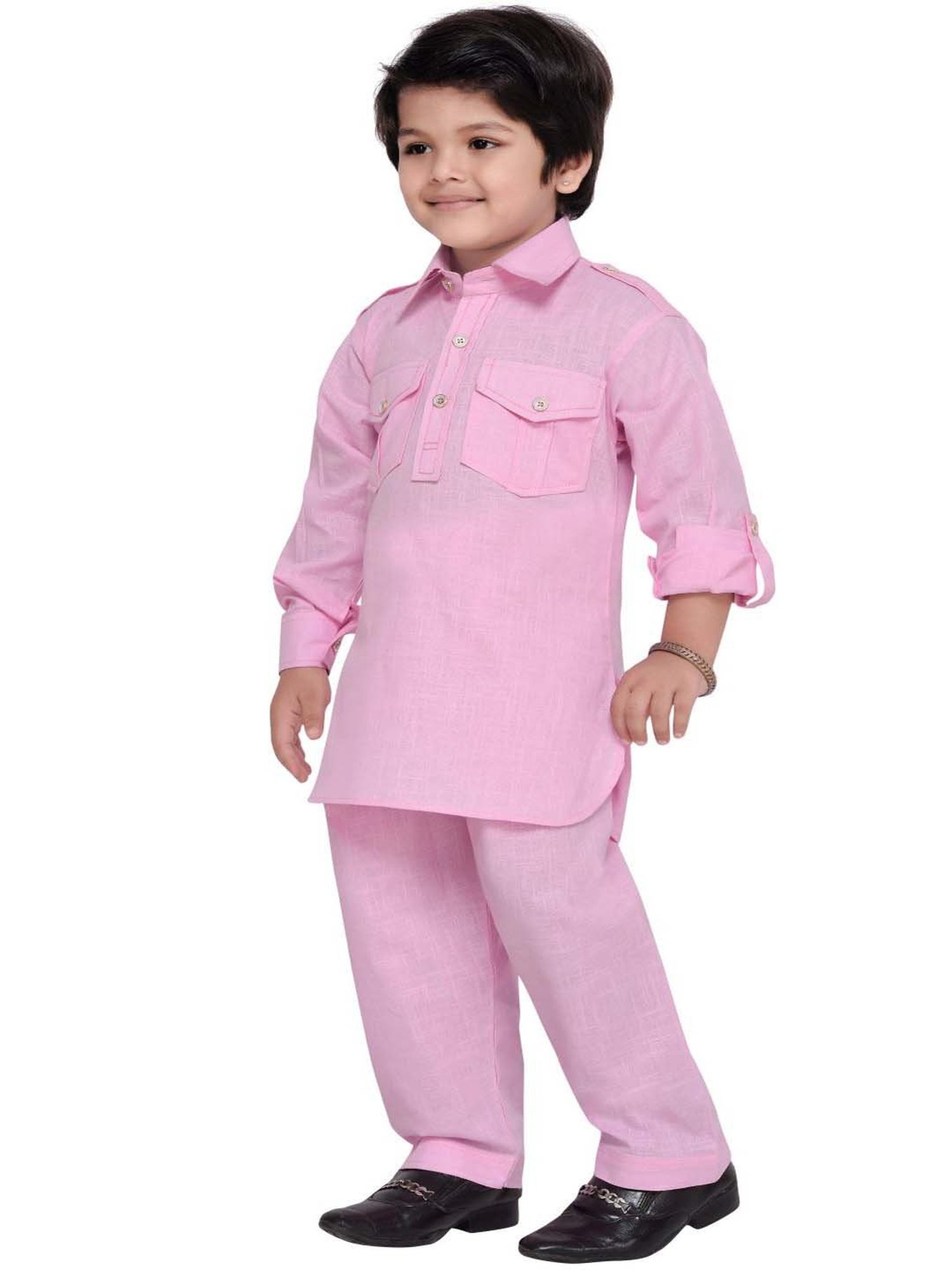 AJ Dezines Kids Pink Regular Fit Full Sleeves Kurta Set