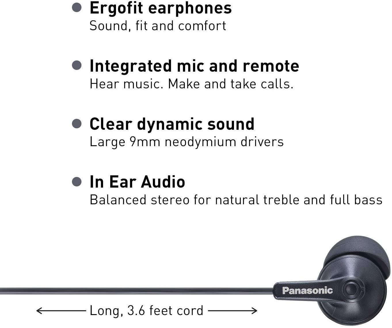 ErgoFit Earbud Headphones with Microphone and Call Controller Compatible with IPhone Android and Blackberry - RP-TCM125-KA - In-Ear (Matte Black)