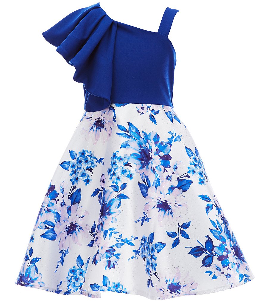 Rare Editions Big Girls 7-16 Solid Crepe/Floral-Printed Mikado Fit-And Flare Dress