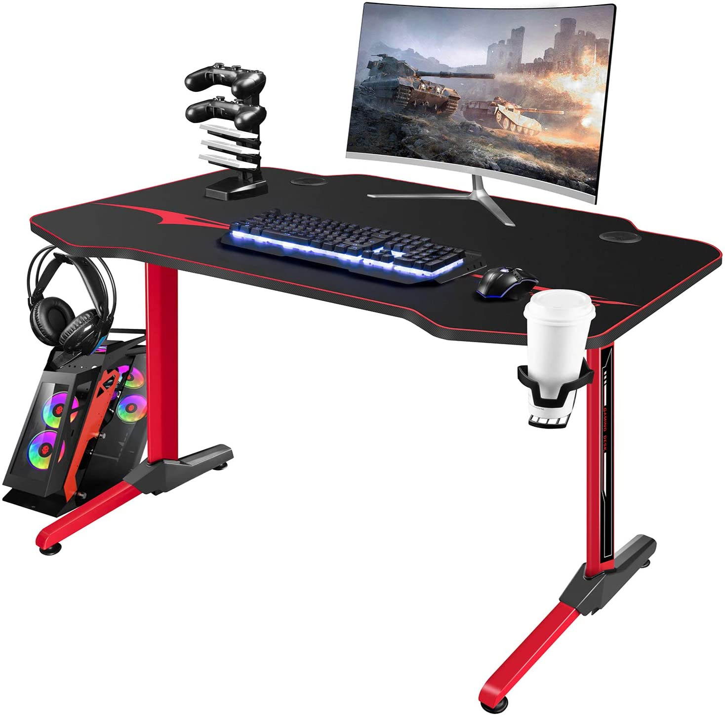 Homall Gaming Desk 43.6'' PC Computer Desk Racing Style T-shaped Home Office Table Gamer Workstation with Free Full Desk Mouse Pad, Game Handle Rack, Cup Holder and Headphone Hook (Red)