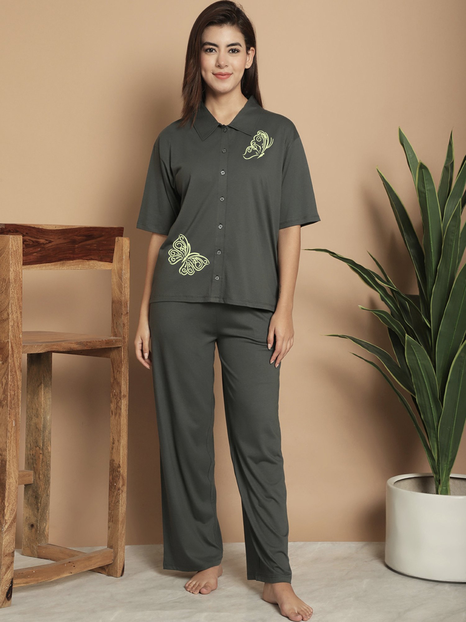 Kanvin Green Cotton Printed Shirt Pyjamas Set
