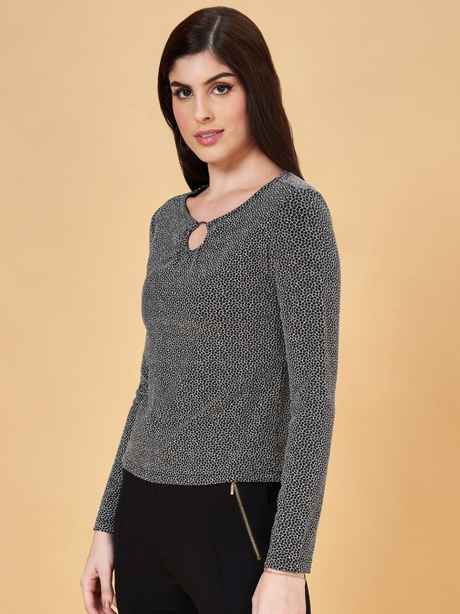 Annabelle by Pantaloons Silver & Black Animal Print Top