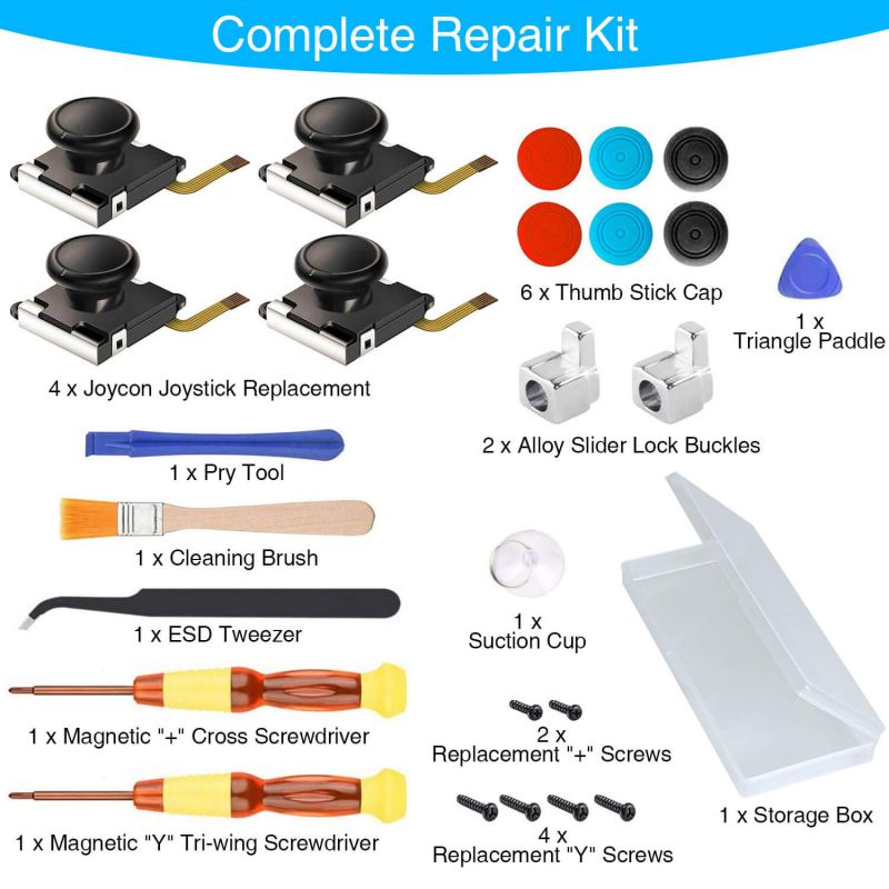 Joycon Joystick Replacement, (4 Pack) Switch Analog Stick Parts for Nintendo Switch Joy Con, Controller Repair Kit Include 4 Thumb 3D Sticks,2 Metal Buckles,2 Screwdriver,Pry Tools,6 Thumbstick Grips