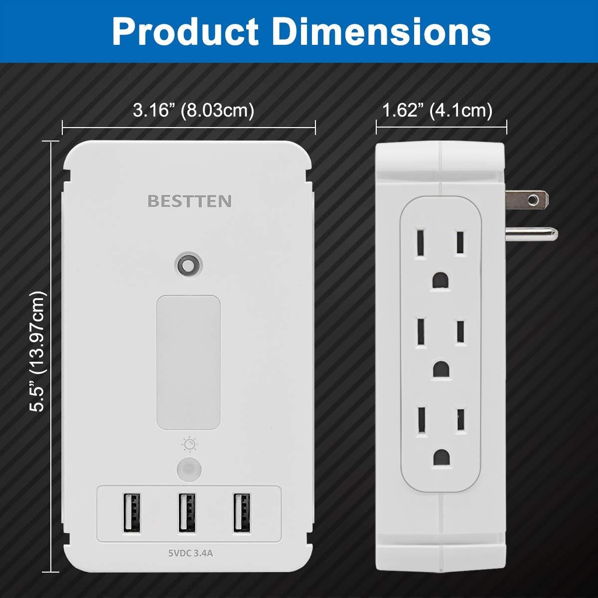 BESTTEN Surge Protector USB Wall Outlet with Shelf, 3 USB Charging Ports (5V/3.4A), 6 Side Outlet, LED Night Light, 1020 Joule Surge Rating and Removable Top Shelf, FCC and SGS Certified