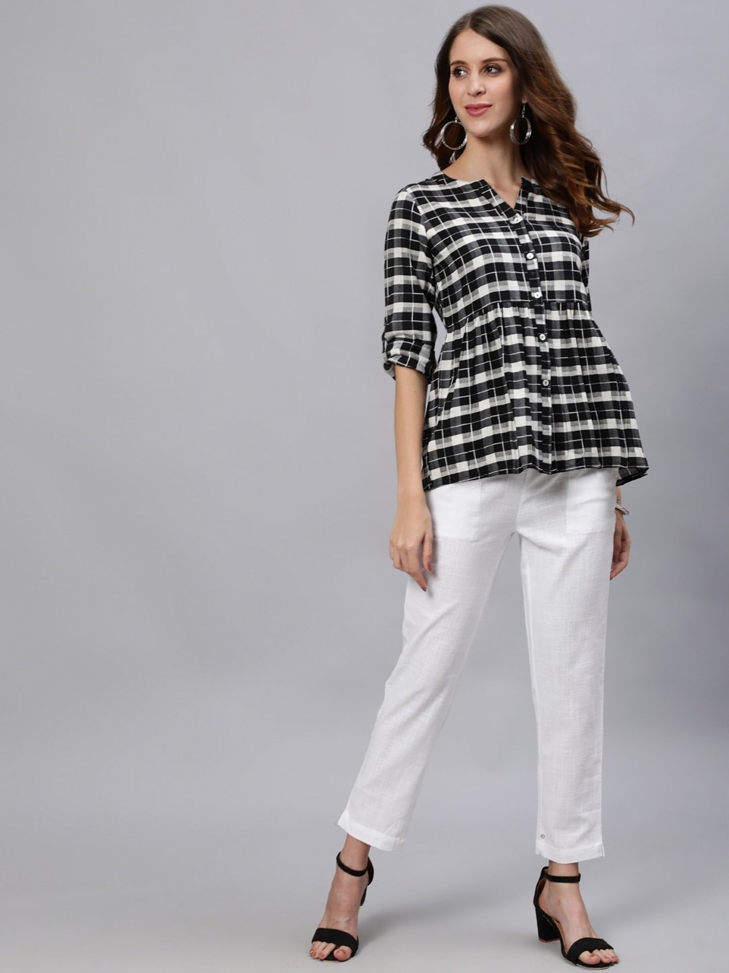 Jaipur Kurti Black & White Checked Top