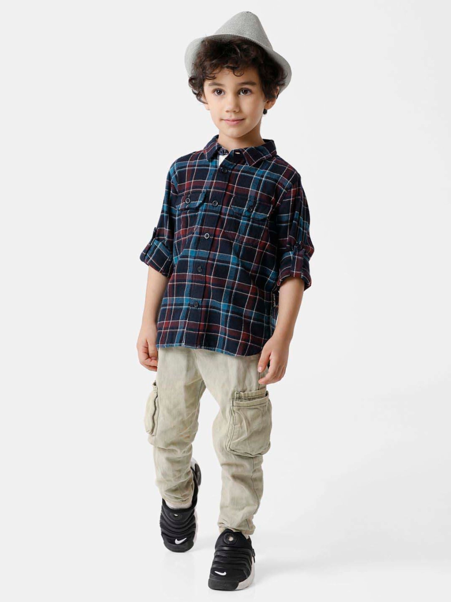 Kate & Oscar Kids Navy & Red Cotton Chequered Full Sleeves Shirt