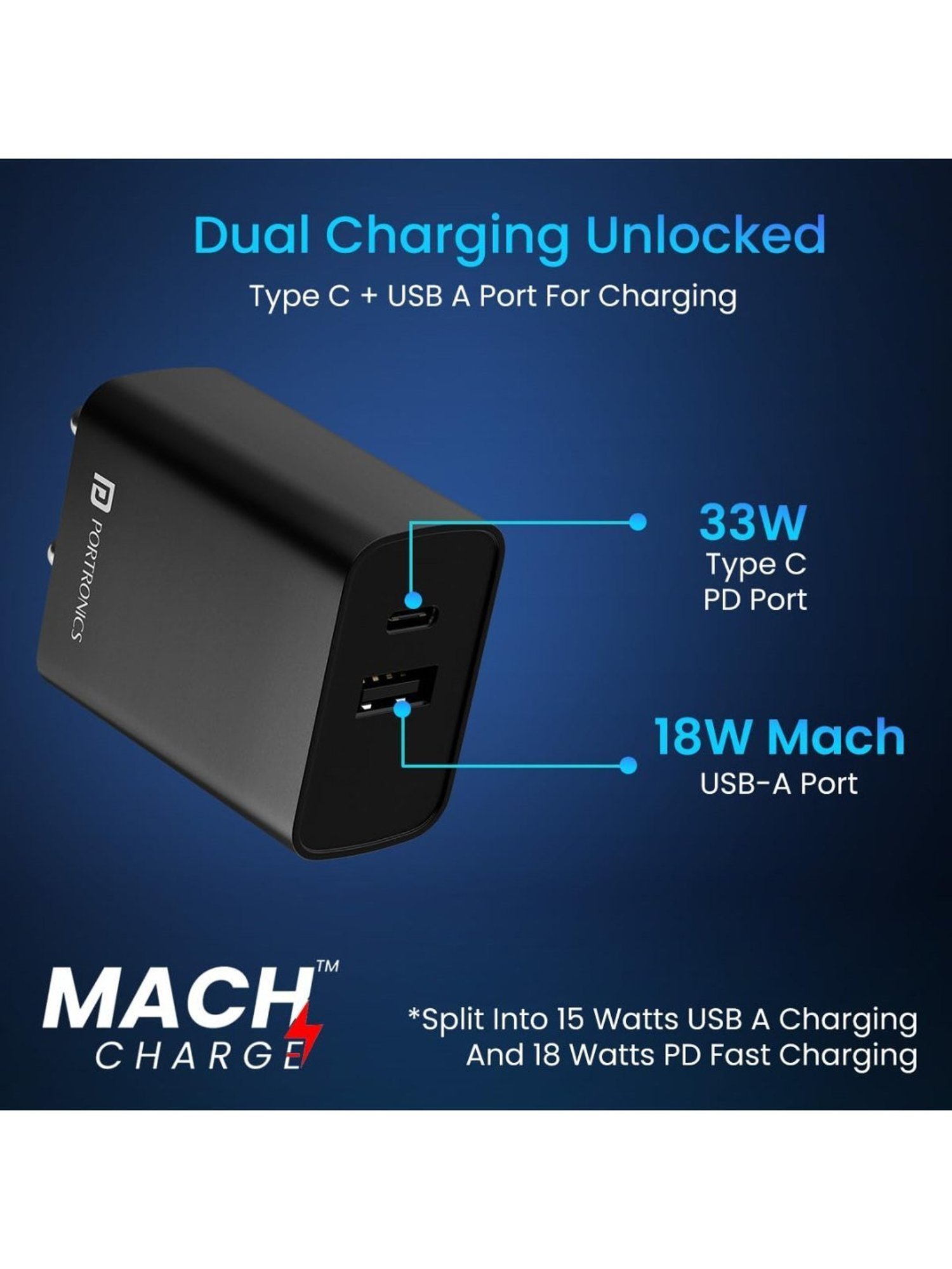 Portronics Adapto 70 33W Fast Charger Adapter with Dual Output USB plus Type C Supports PPS (Black)