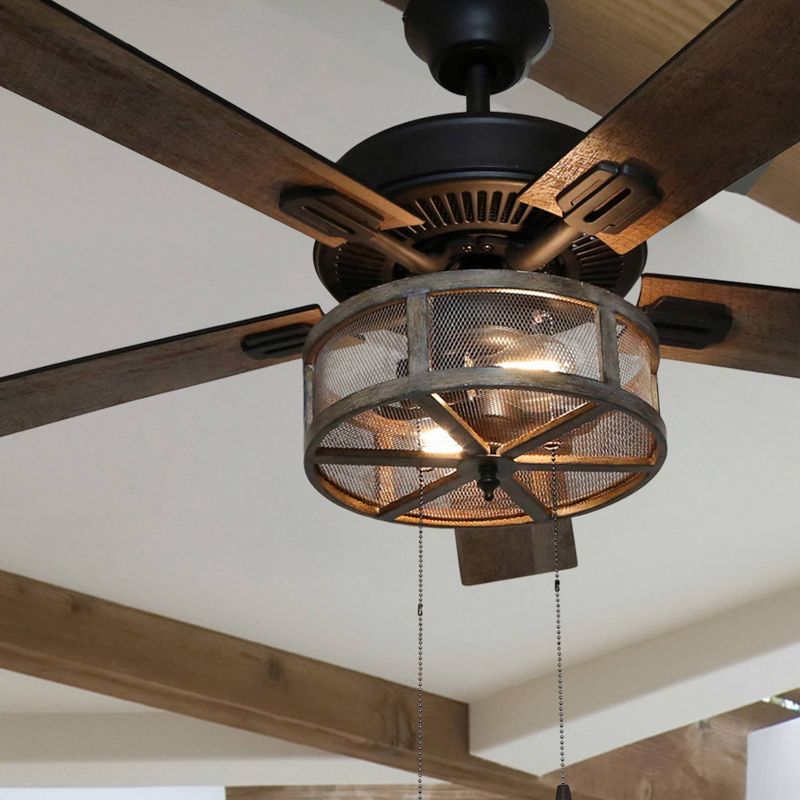 52" LED 5-Blade Dixsie Woodgrain Caged Farmhouse Lighted Ceiling Fan - River of Goods