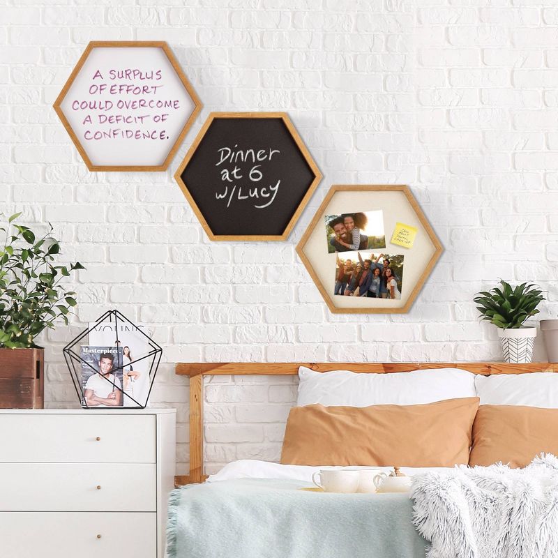 3pc Wood Hexagon Dry Erase Chalkboard/Pinboard Wall Organizer Set Natural - Gallery Solutions