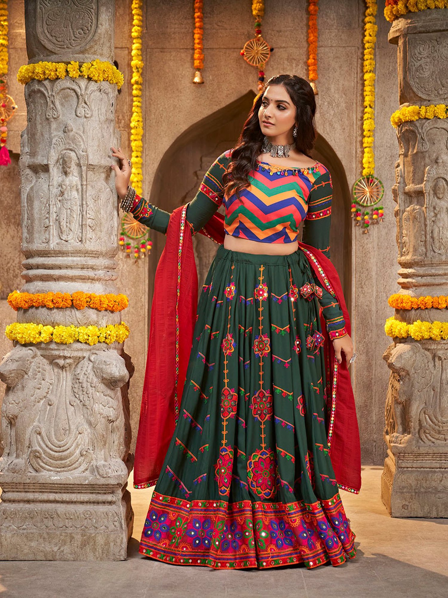 SHUBHKALA Green Embroidered Lehenga Choli Set With Dupatta