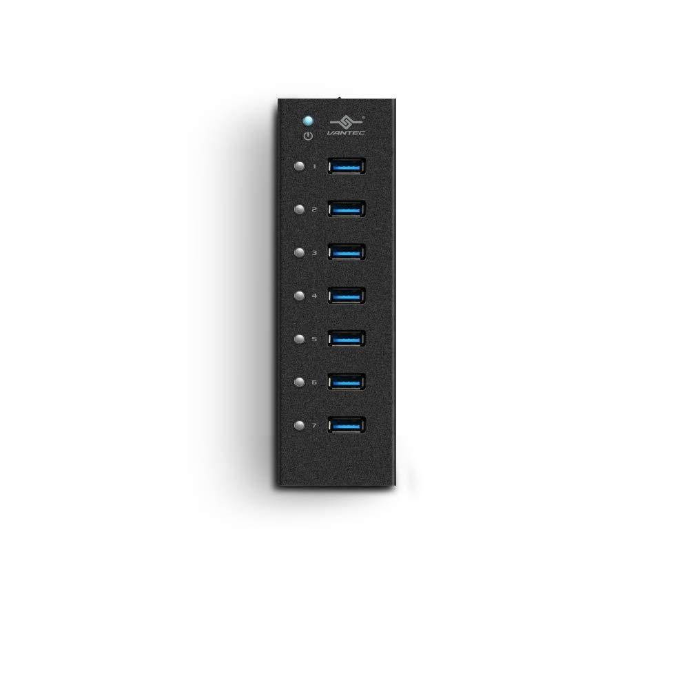 Vantec 7-Port USB 3.0 Hub, Aluminum, Full Powered, Mountable, with All Ports Data & Charging Up to 1.5A, BC 1.2, Premium 12V/3A, 36W Power Adapter (UGT-AH710U3-BK)