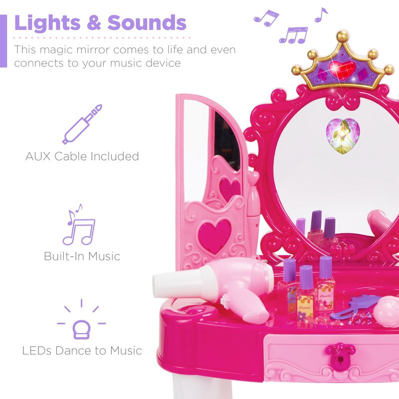 Best Choice Products Kids Vanity Mirror Set Girl Pretend Play Toy w/ Magic Wand Remote, Hairdryer, Stool & Accessories