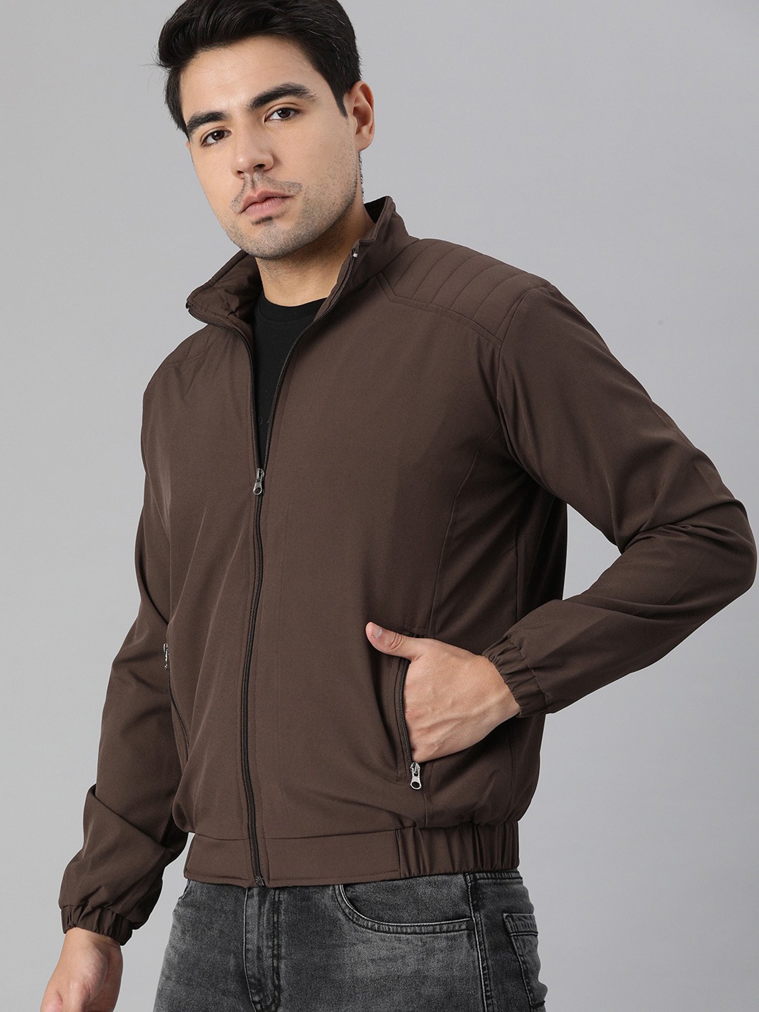 VOXATI Brown Full Sleeves Mandarin Collar Jacket