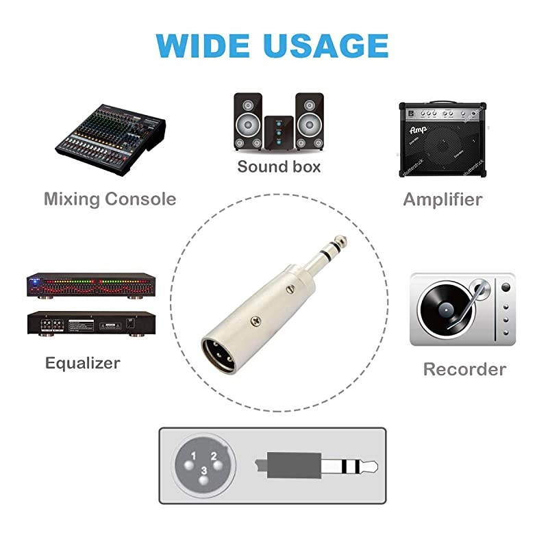 XLR Male to 1/4 Adapter, 6.35mm TRS Stereo Plug to XLR Male Audio Adapter Gender Changer Connector, Silver, 1 Pack -