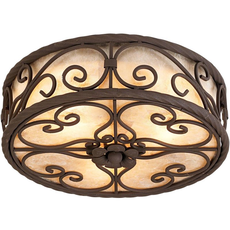 John Timberland Rustic Ceiling Light Flush Mount Fixture Dark Walnut Scroll 12" Wide Natural Mica Drum Shade for Bedroom Kitchen