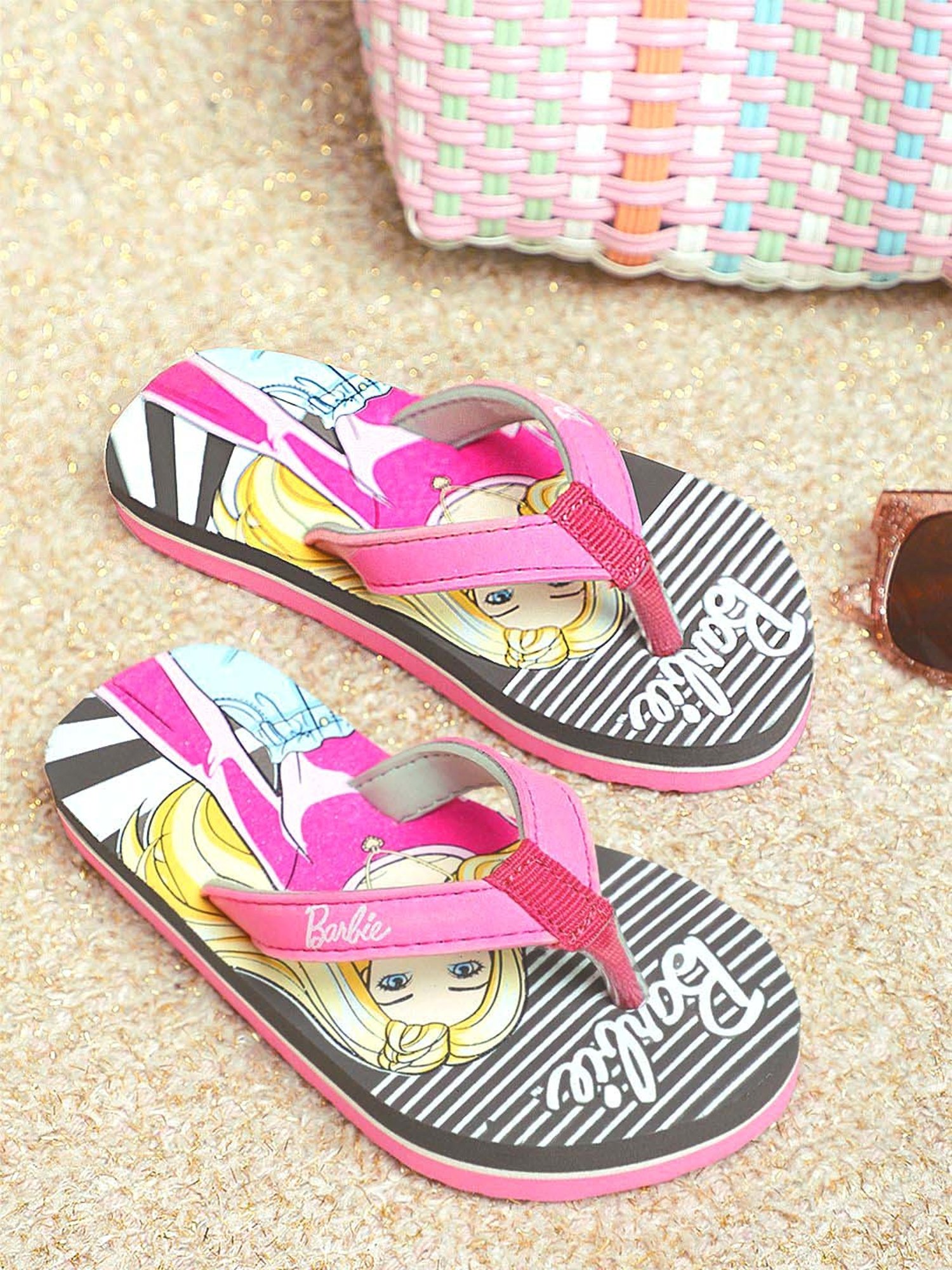 Kidsville Barbie Printed Pink & Grey Flip Flops