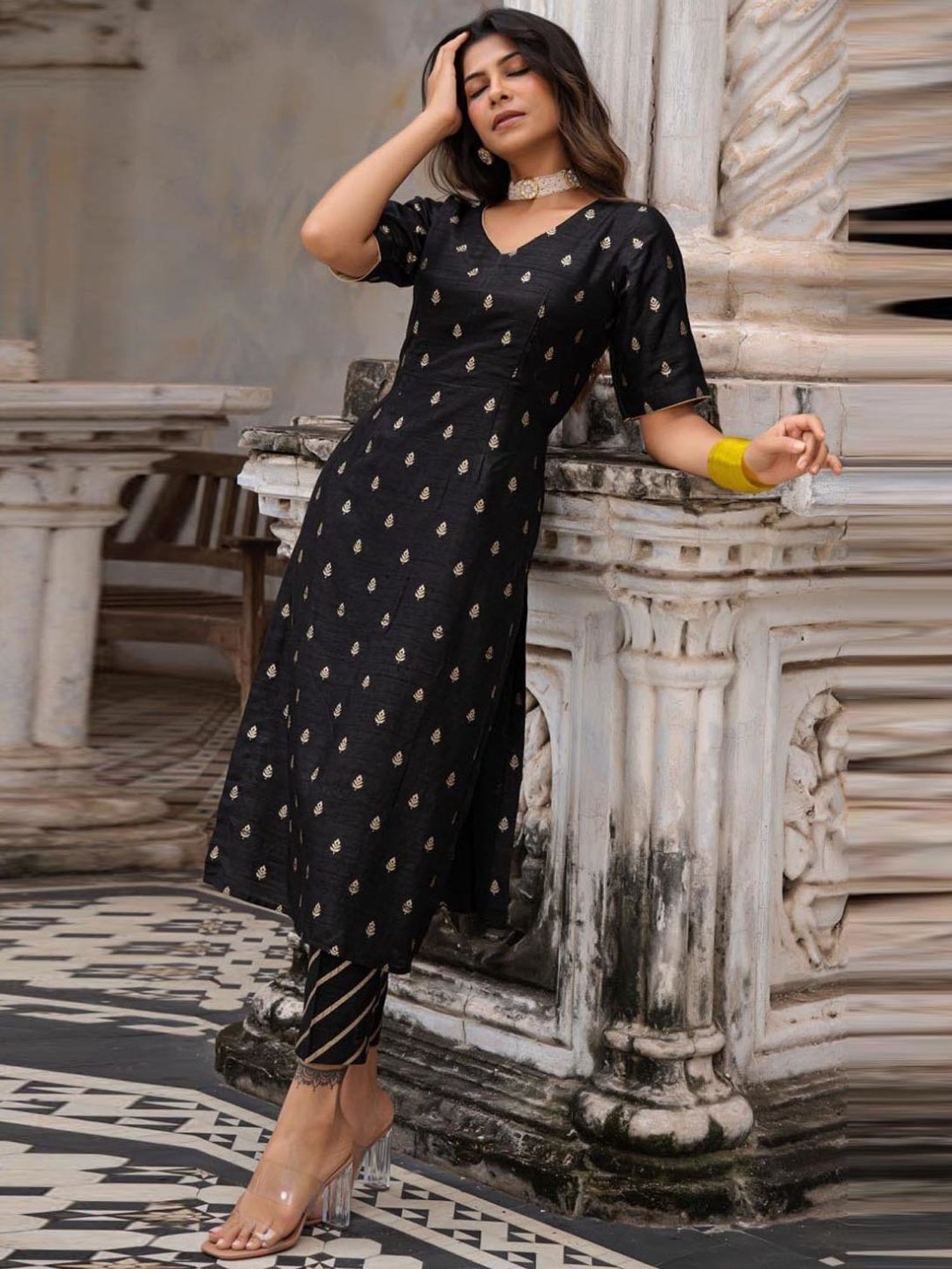 Eeshva India Black Rangaa Re Amee Kurta with Pant and Dupatta in Silk