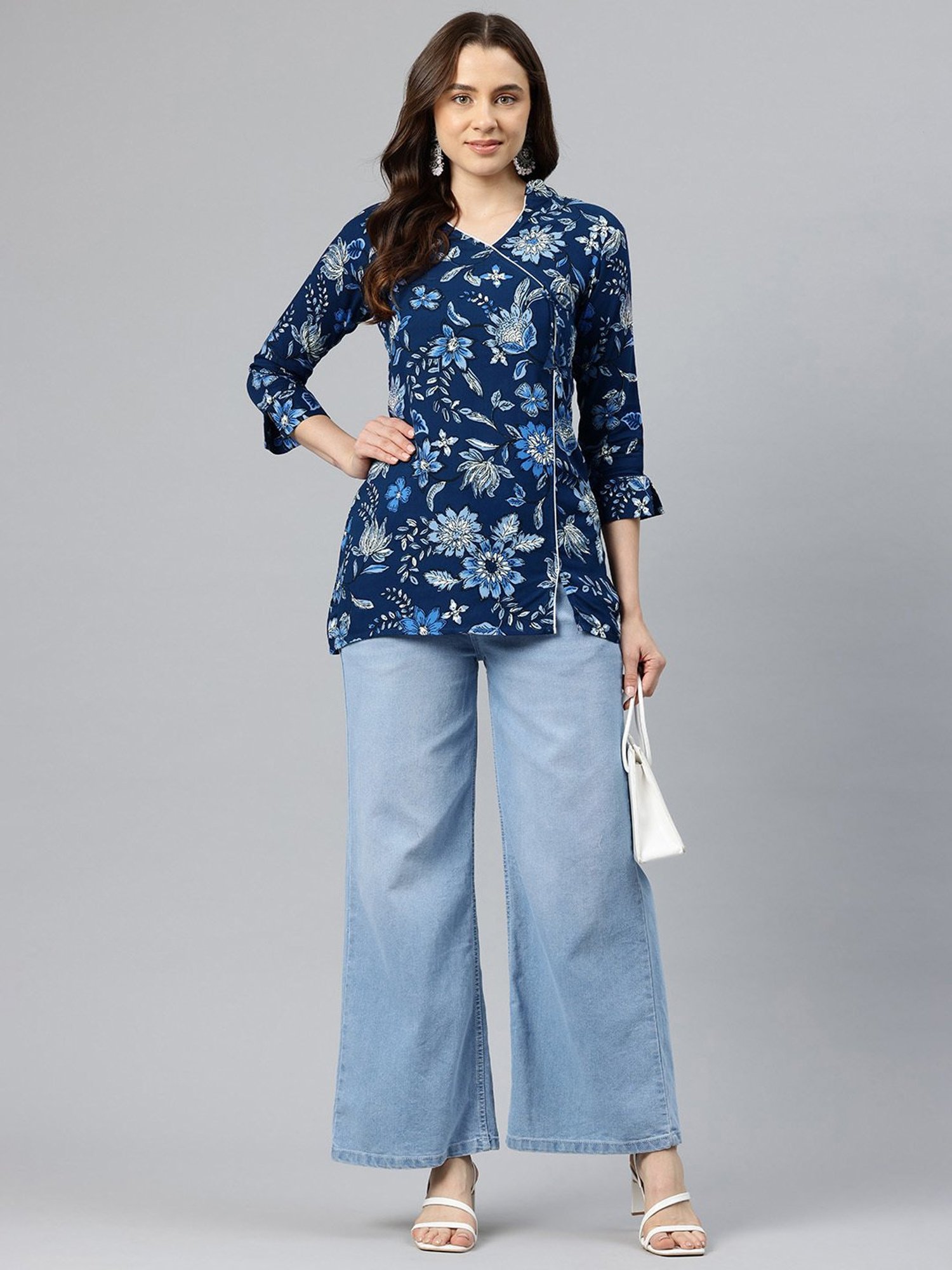 One Femme Dark Blue Floral Print Angrakha Kurti
