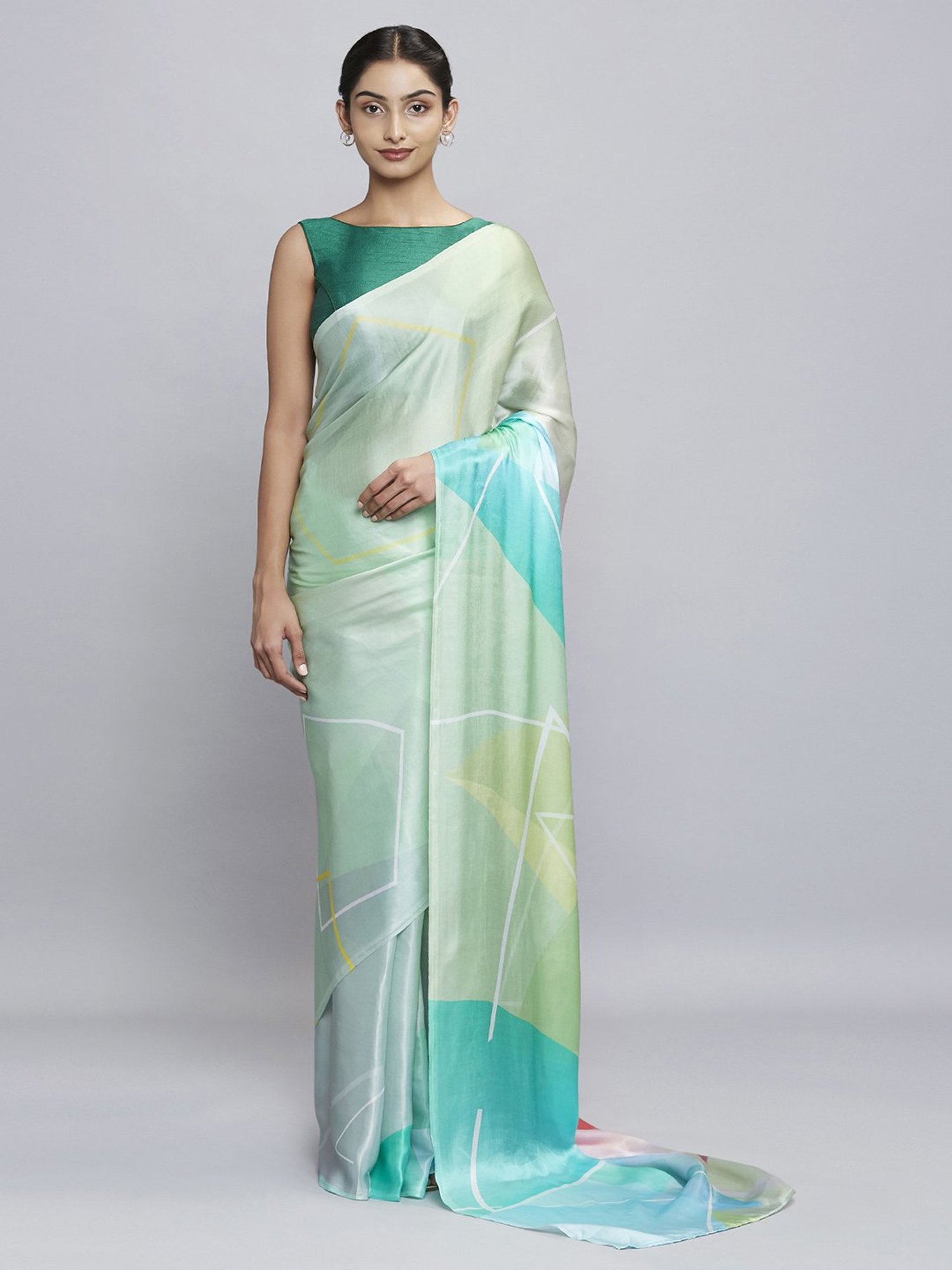 Navyasa Sea Green Liva Satin Geometric Printed Saree With Coordinated Unstitched Blouse Piece