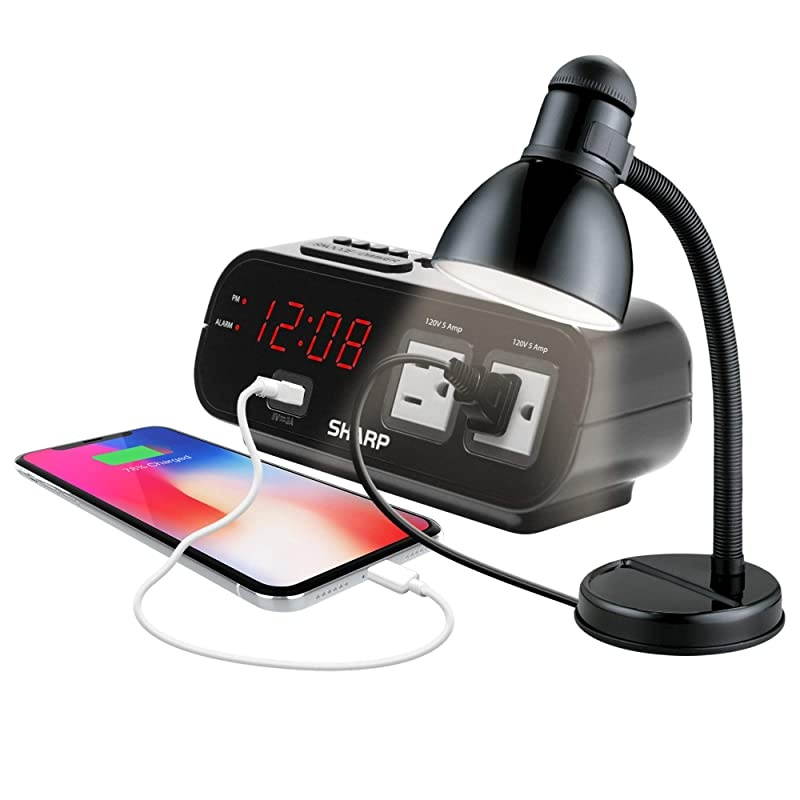 Digital Alarm Clock with 2X Power Outlets with Surge Protect and Rapid Charge USB Port Grey Outlets