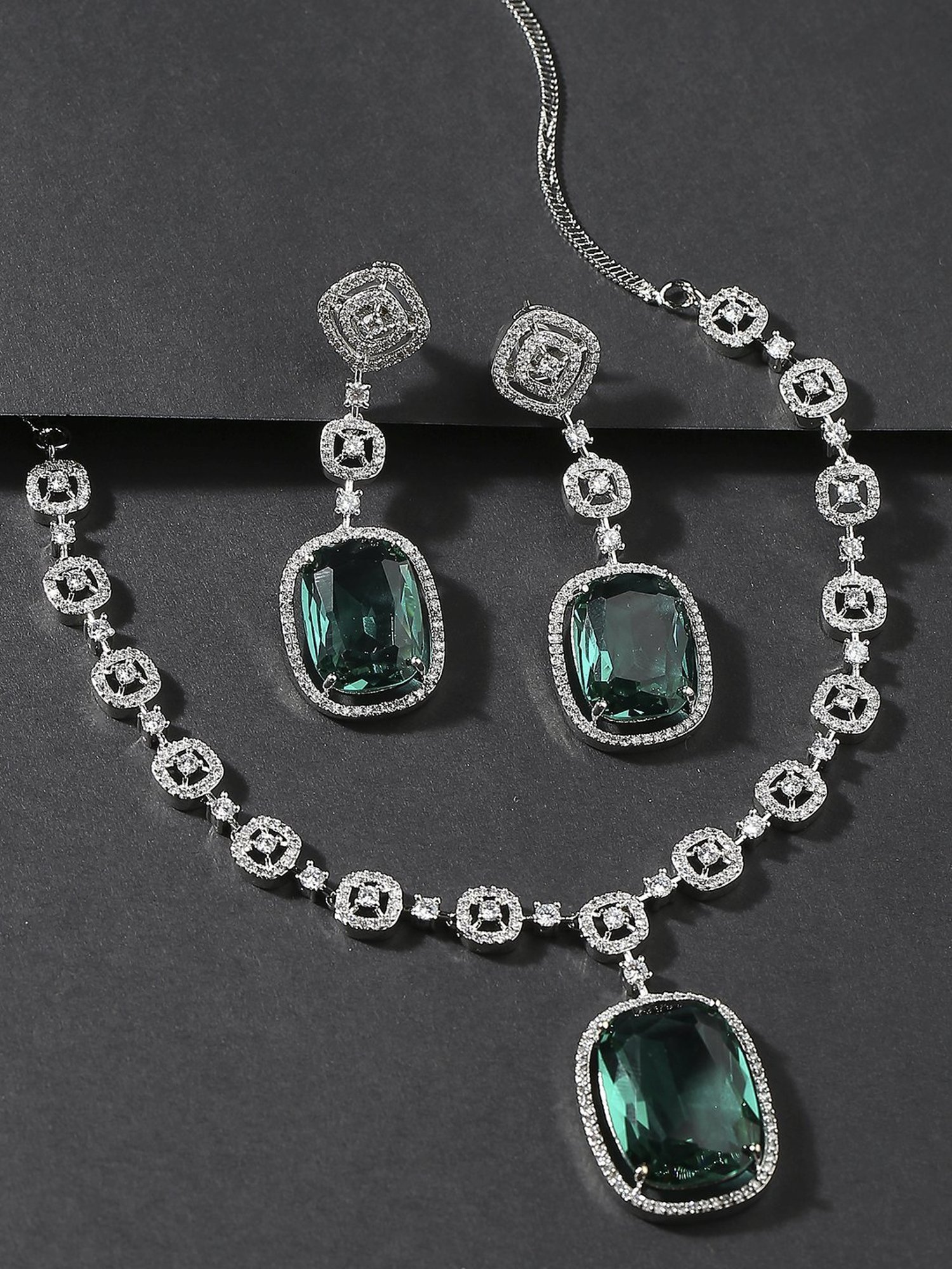 OOMPH Green American Diamond Large Rectangle Drop Pendant Necklace Set with Earrings