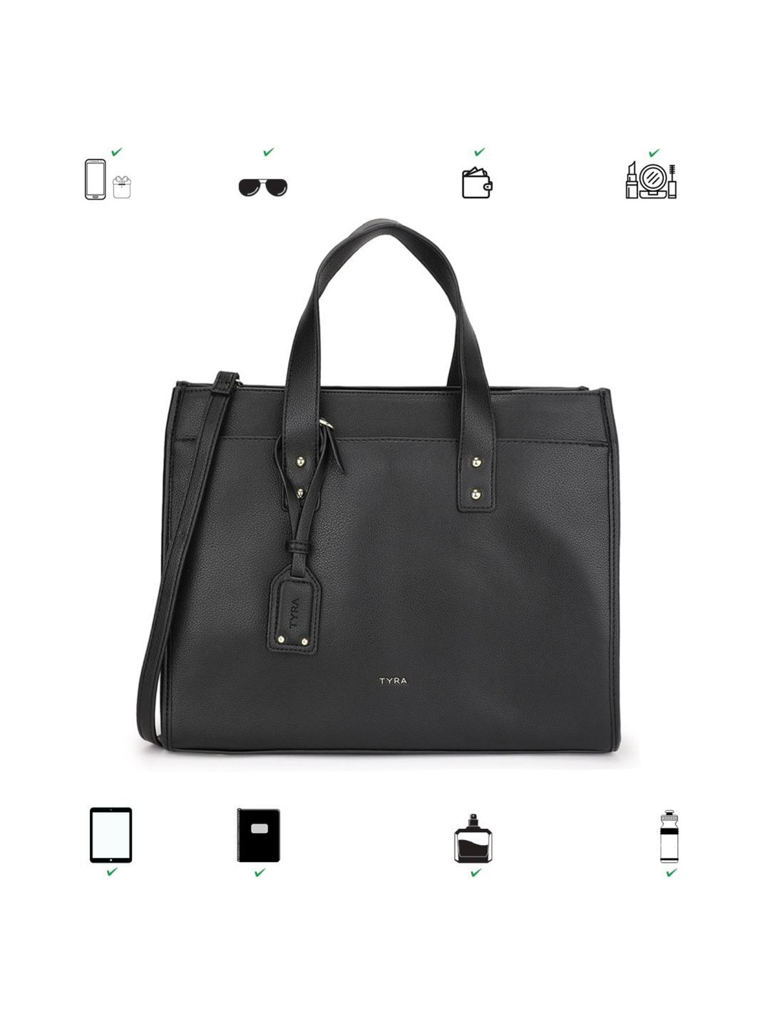 Tyra Emily Black Solid Faux Leather Tote Handbag