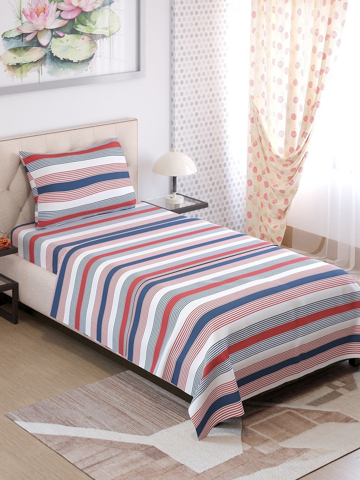 Layers Zen Red & Blue Cotton Blend 225 TC Single Bedsheet with Pillow Cover