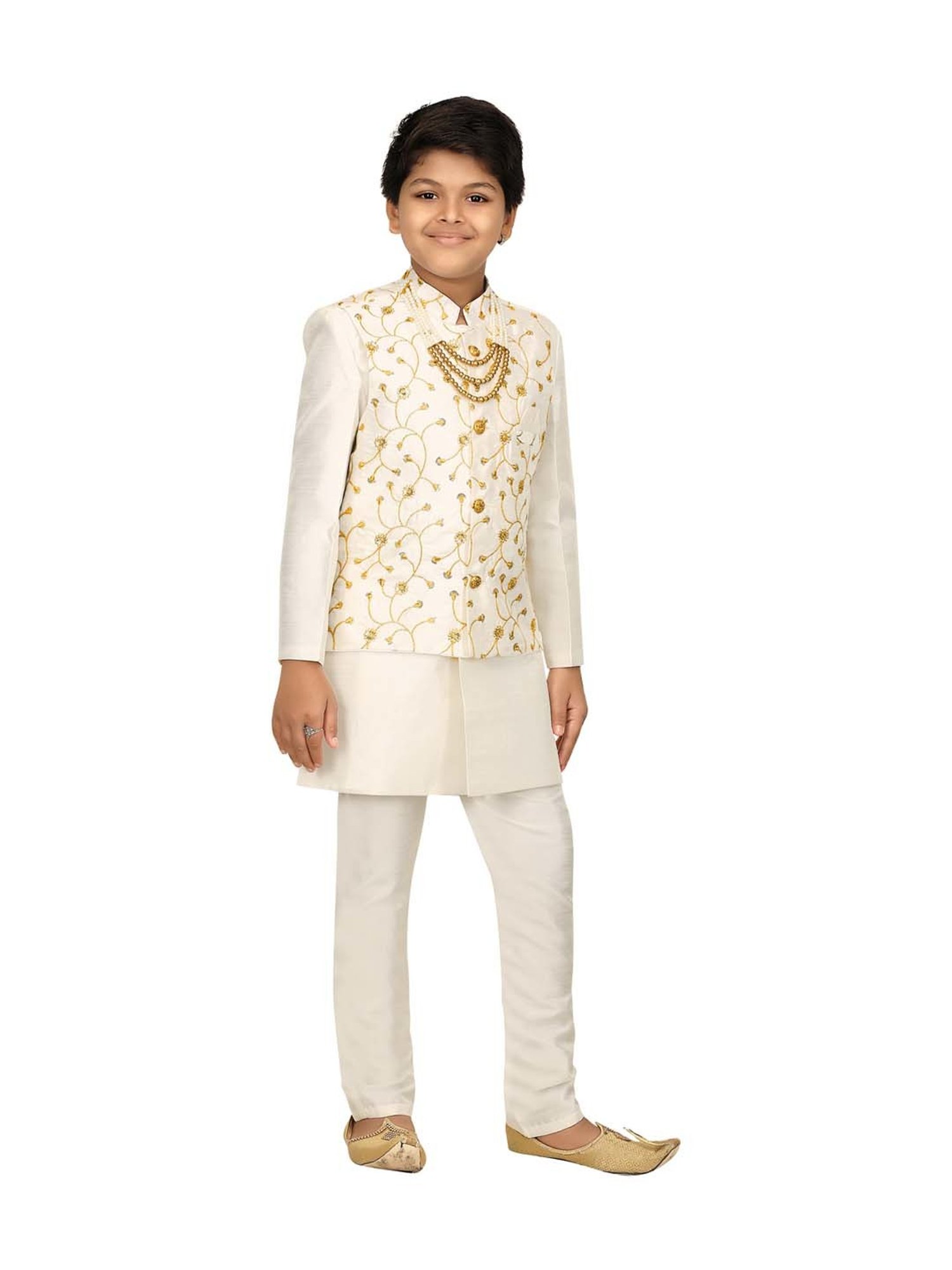 Ahhaaaa Kids White & Golden Cotton Embroidered Full Sleeves Kurta Set
