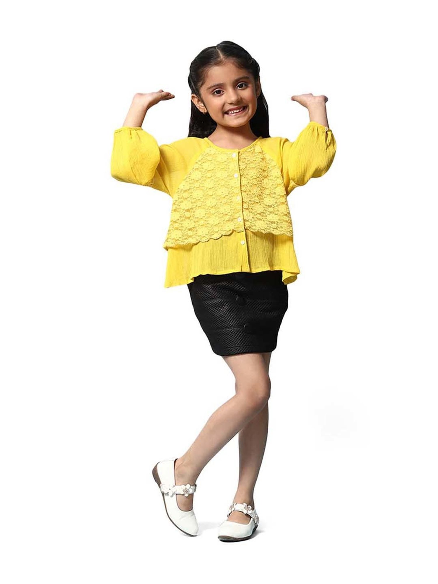BIBA Girls Yellow Cotton Embroidered Full Sleeves Top