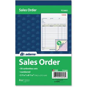 Adams Carbonless Sales Order Books - 50 Sheet(s) - 3 Part - Carbonless - 8.43" x 5.56" Sheet Size - Assorted - 1Each