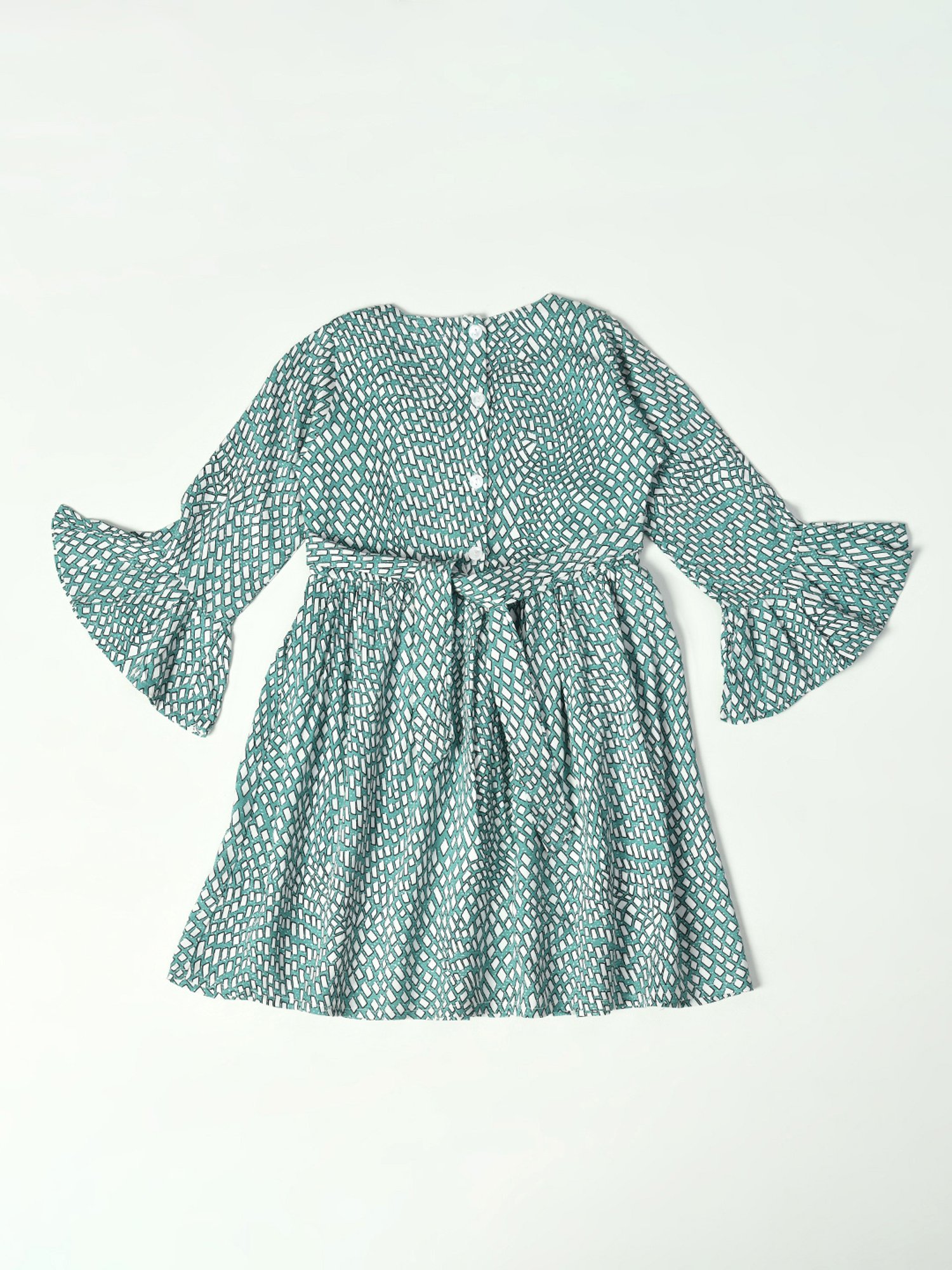 Bella Moda Kids Green Printed Full Sleeves Fit & Flare Dress
