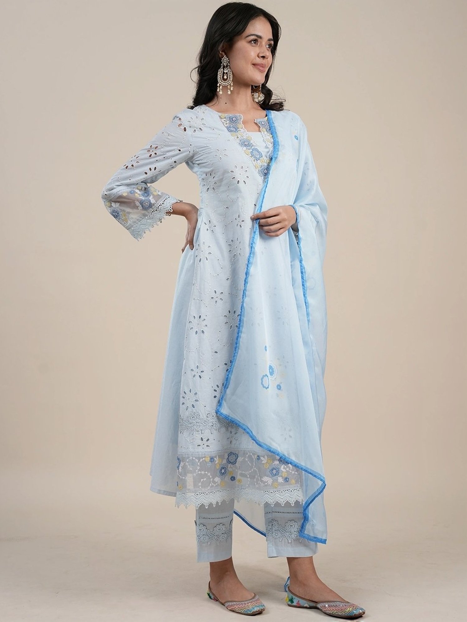 Heeposh Blue Cotton Embroidered Kurta Pant Set With Dupatta