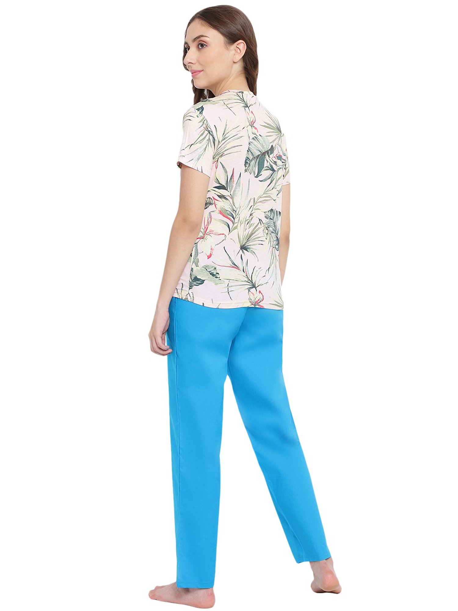 La Intimo Beige & Blue Printed T-Shirt With Pyjamas